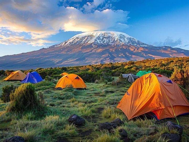 Um exemplo de um acampamento INFINITY, na Rota Lemosho, uma das mais bonitas e cénicas em toda a montanha. Será montada 