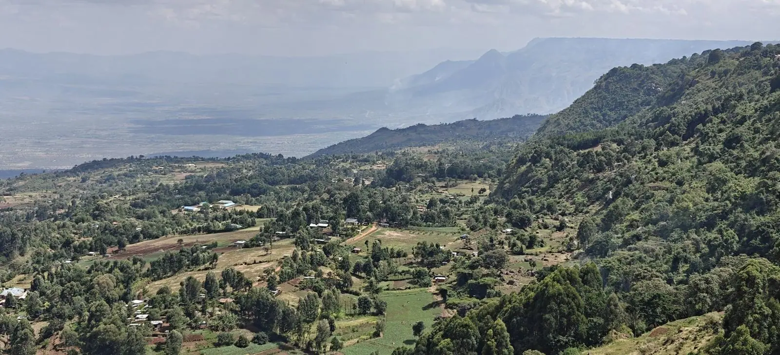 Vista da escarpa sobre o vale, com colinas verdes e campos de cultivo.
